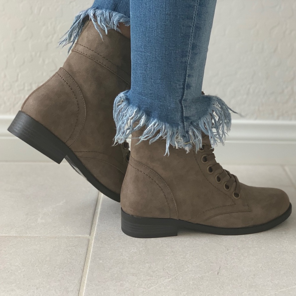 Taupe Fold Over Cuffed Lace Up Combat Boots - Picture 7 of 8